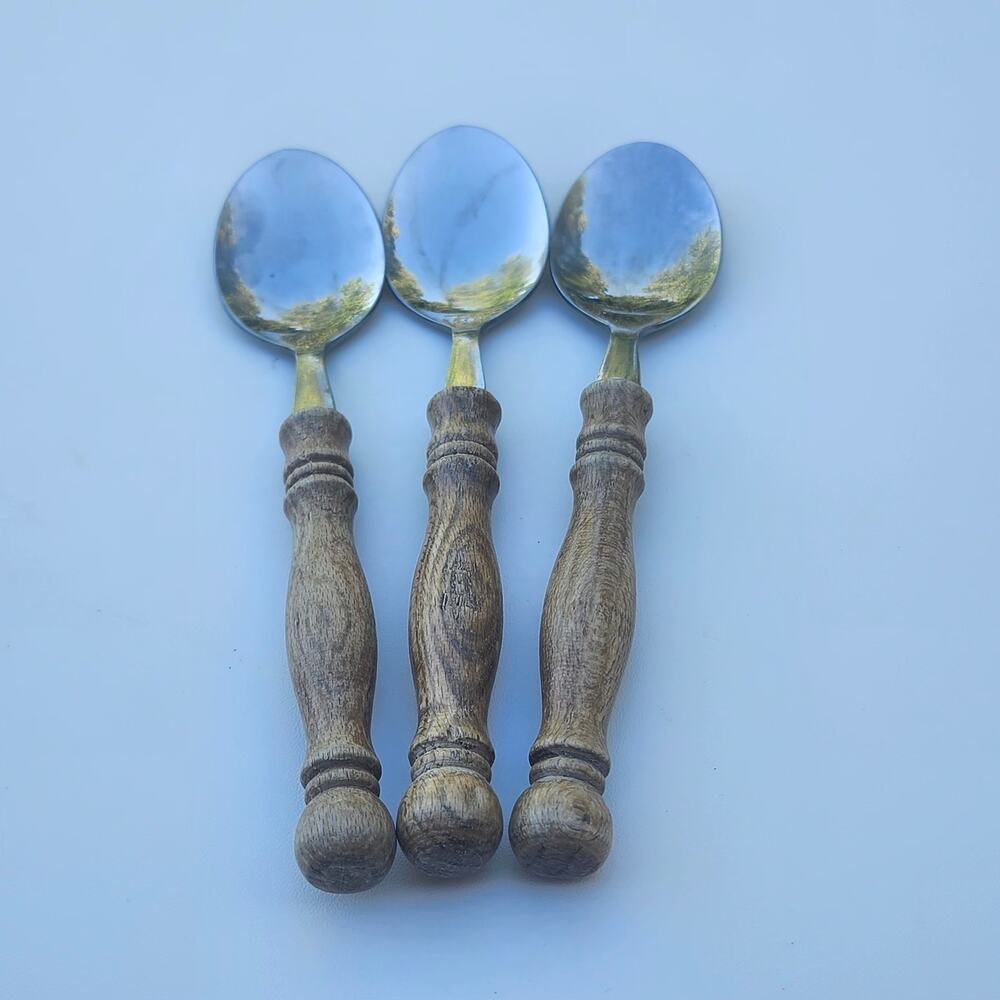 Lifetime Old Homestead Small Spoons Set 3 Stainless Taiwan Wood Handles 5.75